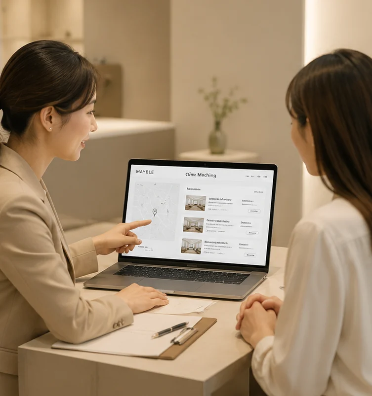 A MAYBLE coordinator reviewing clinic options with a client on a laptop